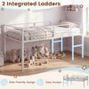 Twin size low loft bed in white with safety guardrails, 2 integrated ladders, and ample under-bed space for kids'.