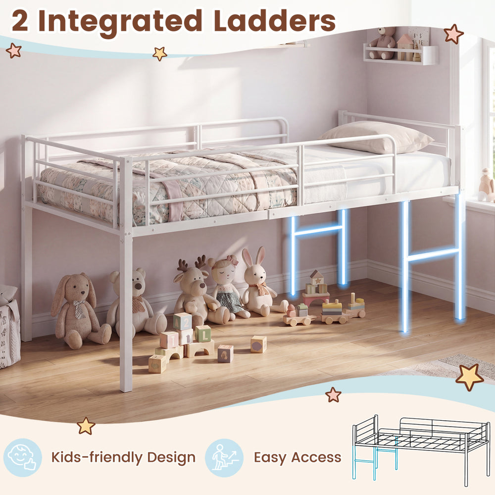 Twin size low loft bed in white with safety guardrails, 2 integrated ladders, and ample under-bed space for kids'.