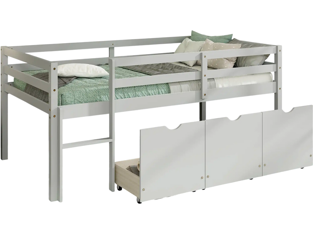 Twin size low loft bed in gray with full-length guardrails and 3 storage drawers for organized bedroom space.