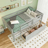 Twin size low loft bed in gray with full-length guardrails and three storage drawers, ideal for maximizing space.