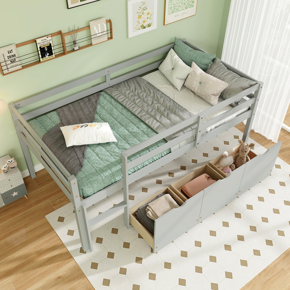 Twin size low loft bed in gray with full-length guardrails and three storage drawers, ideal for maximizing space.