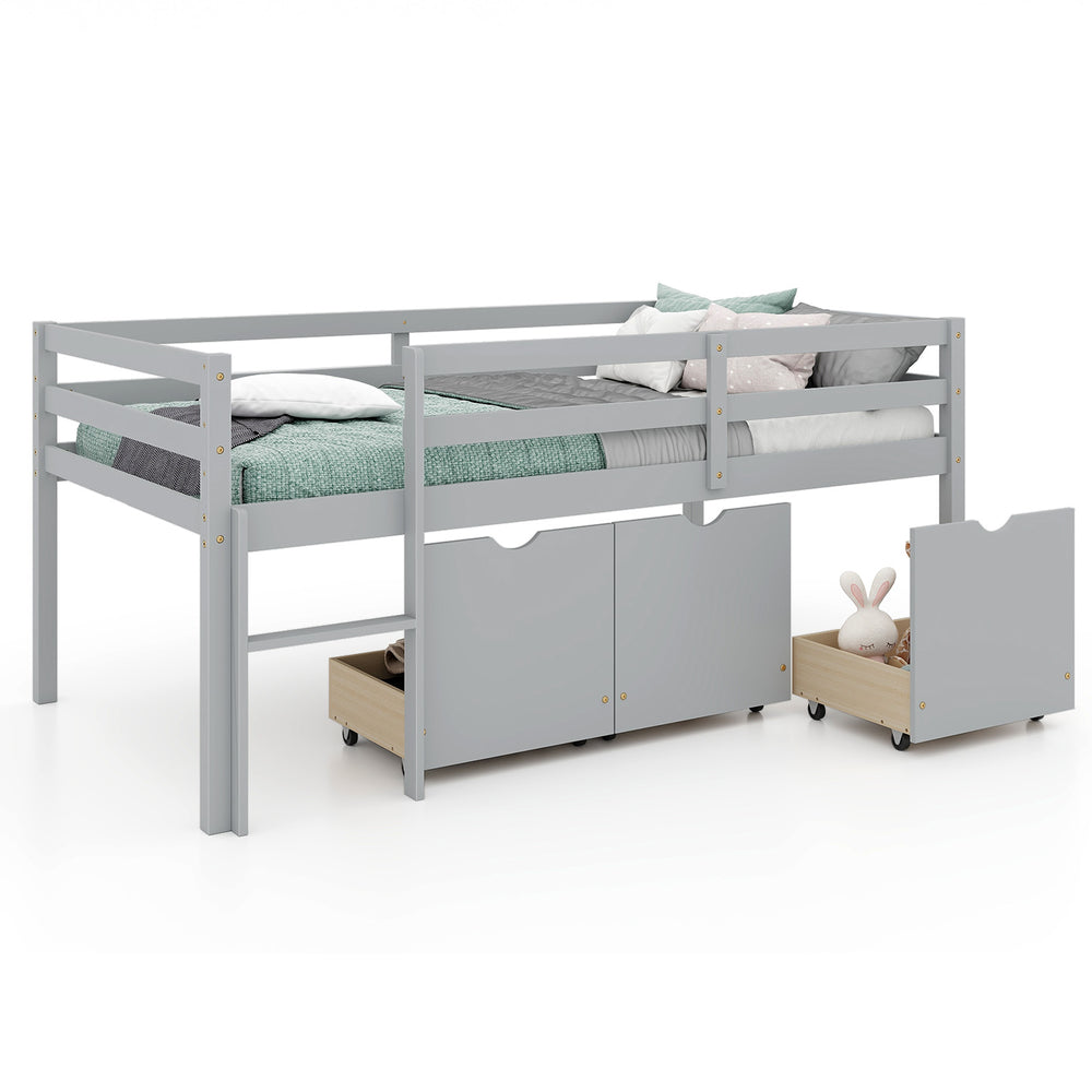 Twin size low loft bed in gray with full-length guardrails and three storage drawers for efficient space-saving.
