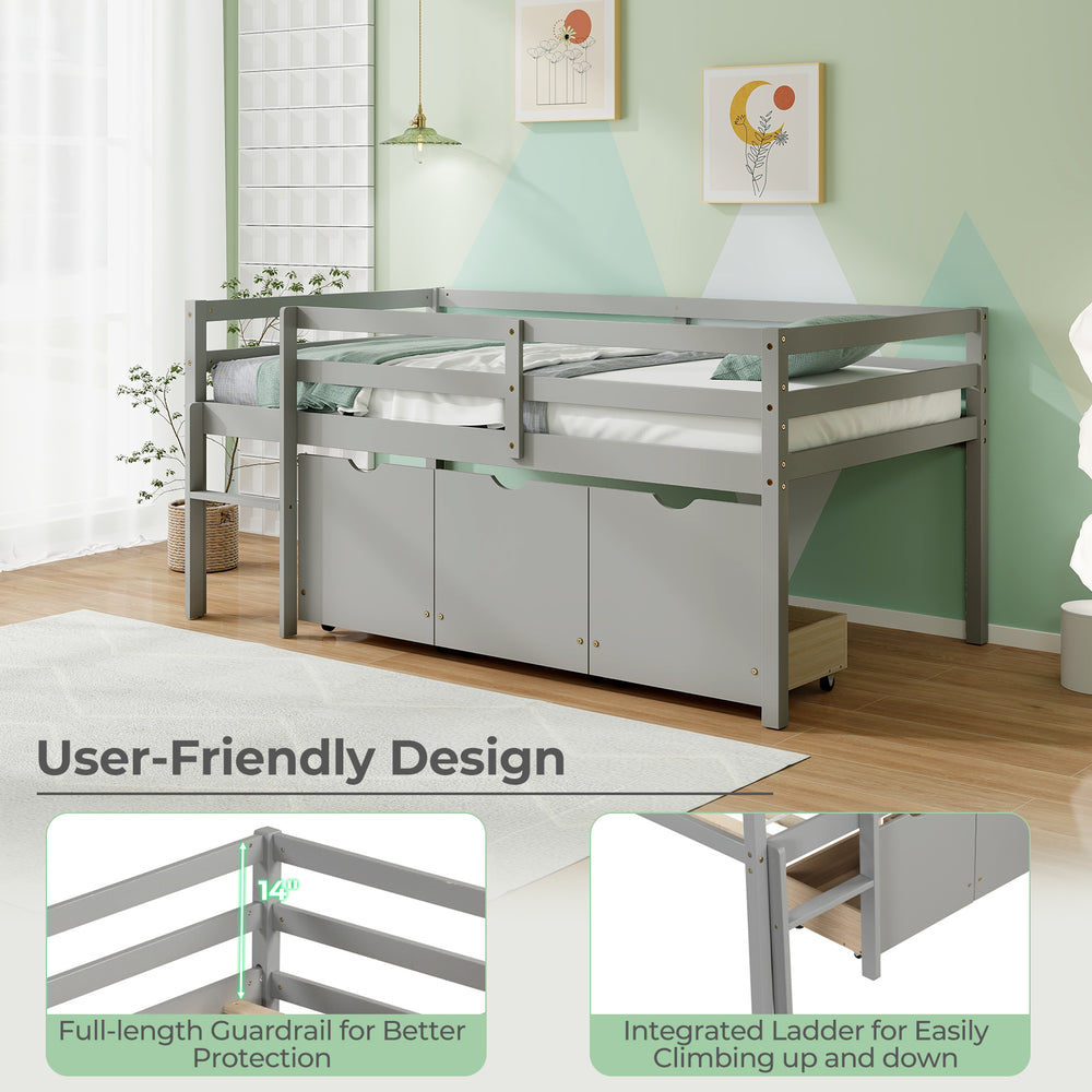 Twin size low loft bed in gray with integrated ladder, full-length guardrails, and three storage drawers for.