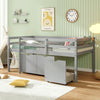Twin size low loft bed in gray featuring a sturdy wooden frame, integrated ladder, and spacious drawers for organized.