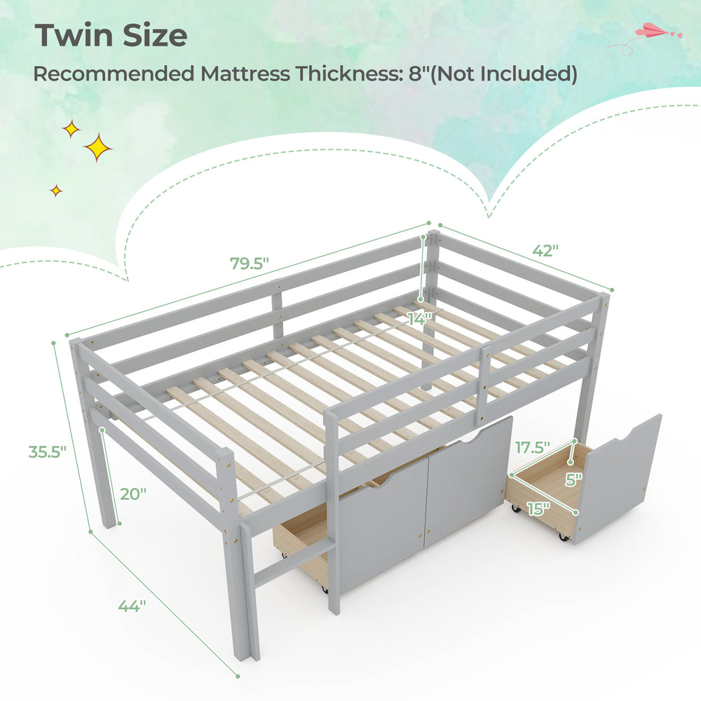 Twin size low loft bed in gray with integrated ladder and three storage drawers for efficient space-saving.