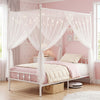 Twin size white metal canopy bed frame with sheer curtains, creating a charming space for personalized decor and relaxation.