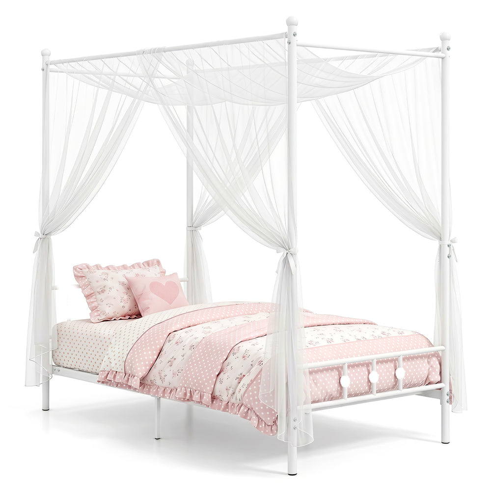 Twin size metal canopy bed frame in white with decorative headboard and footboard, ideal for personalized sleep spaces.