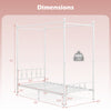 Twin size white metal canopy bed frame with headboard and footboard, featuring decorative accents and sturdy support.