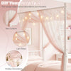Twin size white metal canopy bed frame with decorative headboard, footboard, and space for DIY decorations.