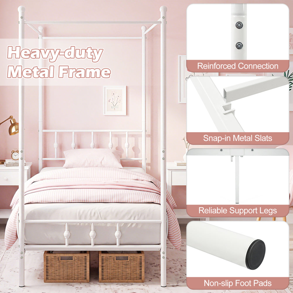 Twin size white metal canopy bed frame with headboard and footboard, featuring reinforced support and ample under-bed storage.