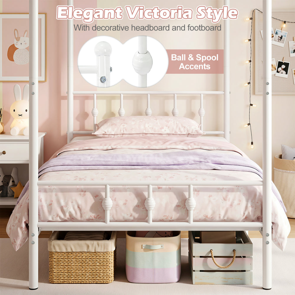 Twin size white metal canopy bed frame with decorative headboard and footboard, featuring ball and spool accents for style.