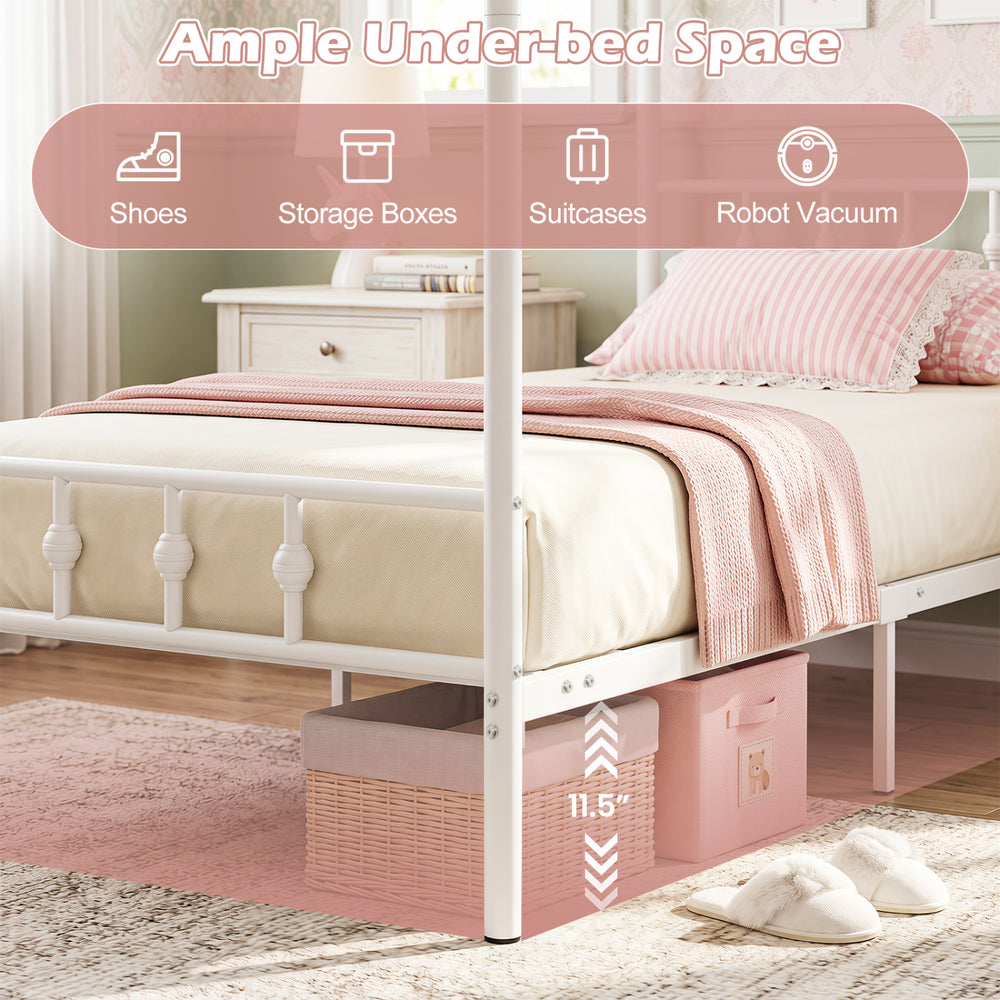Twin size metal canopy bed frame in white featuring ample under-bed space for storage and easy floor cleaning.