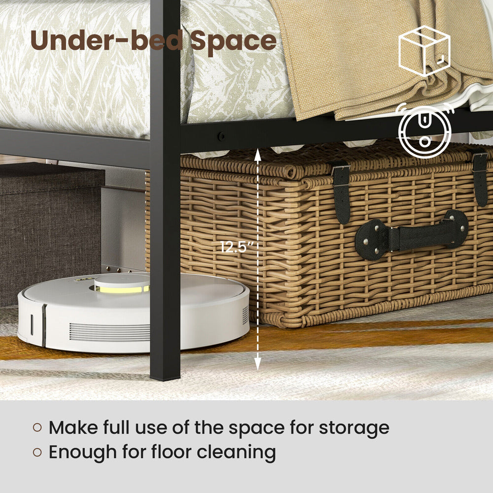 Twin/Full/Queen size metal canopy bed frame with 12.5" under-bed clearance for storage and easy floor cleaning.