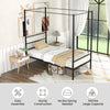Twin size metal canopy bed frame with slat support, sturdy design, and 12.5" clearance for storage in a modern bedroom.