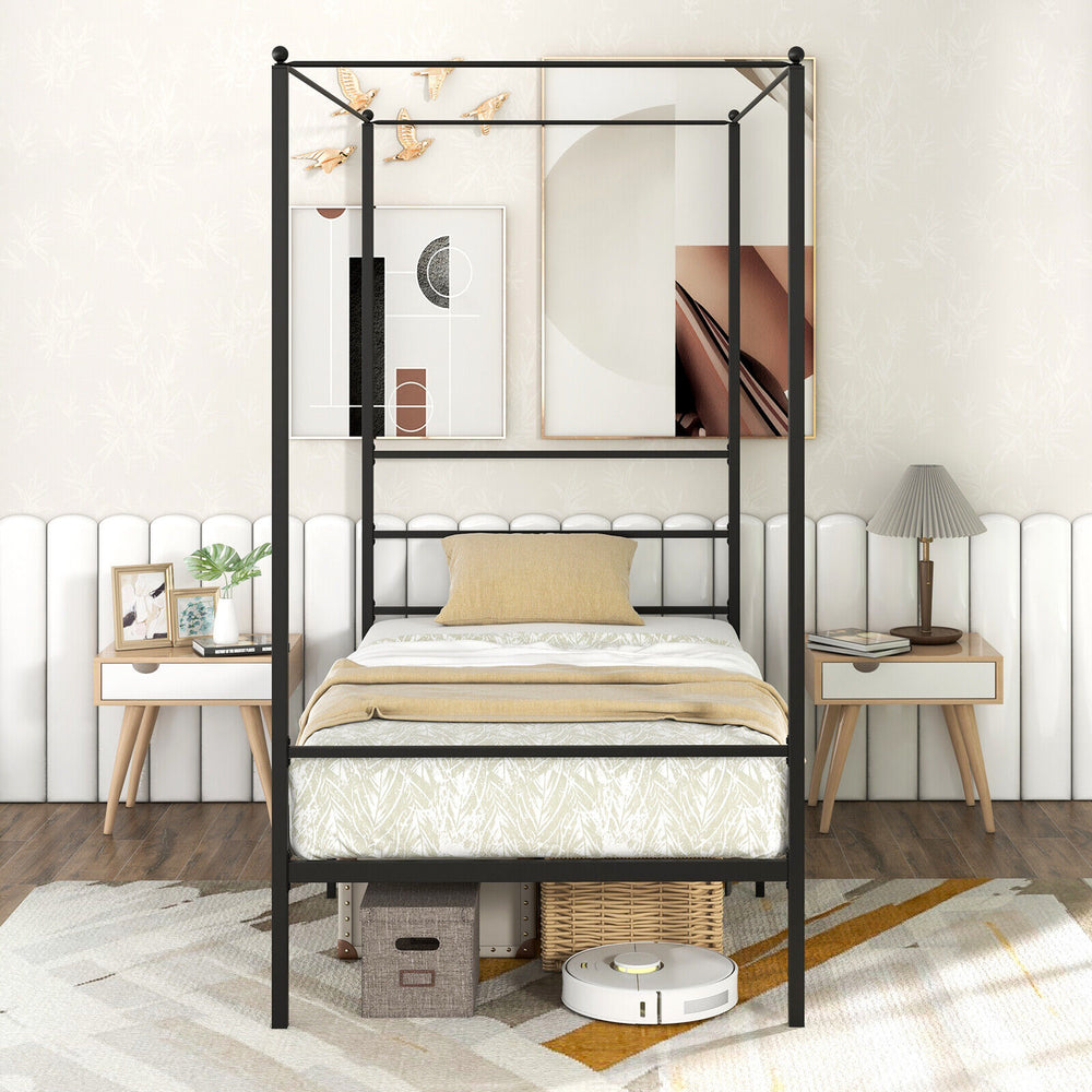 Twin size metal canopy bed frame with slat support, featuring a sturdy design and elegant posts for hanging curtains.