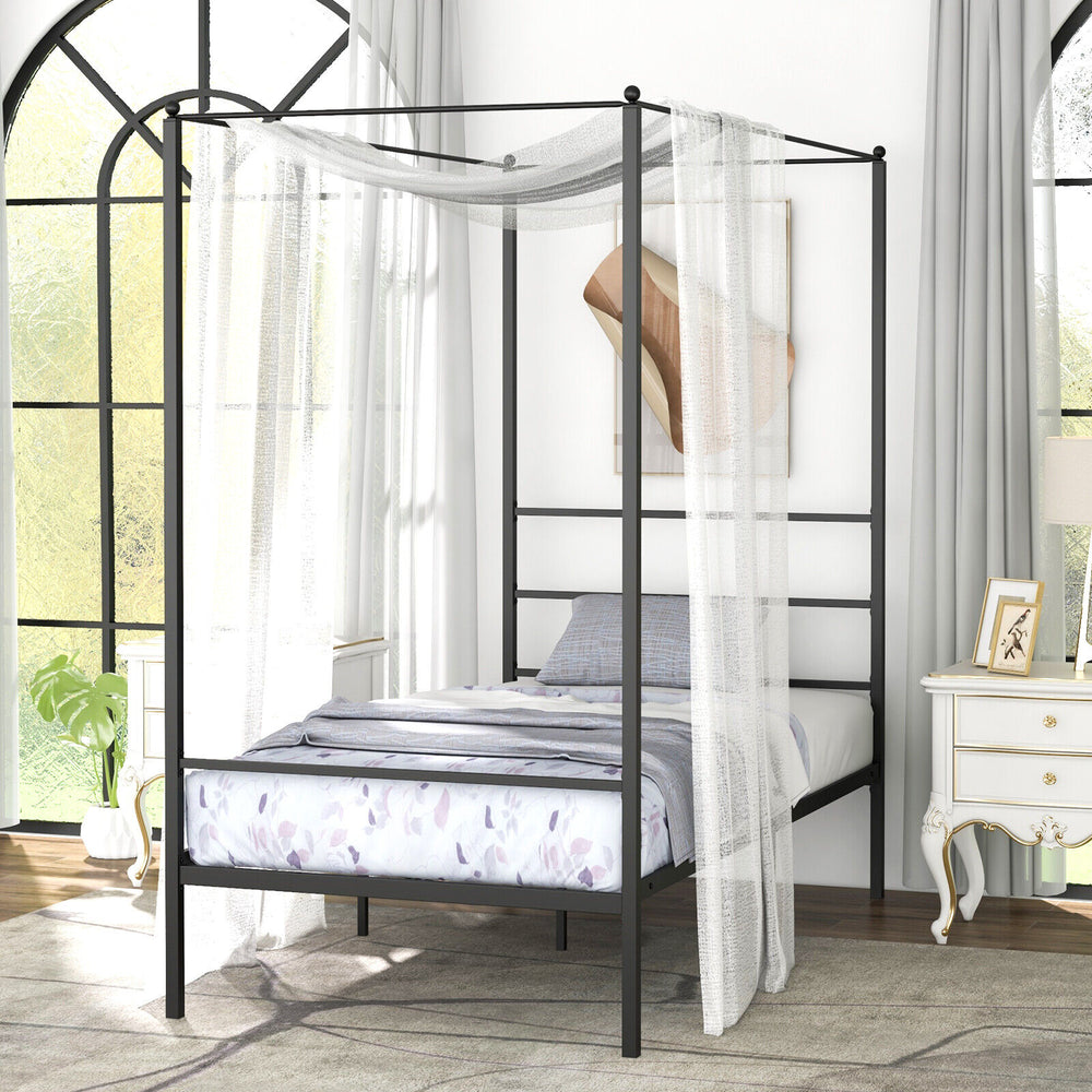 Twin size metal canopy bed frame with slat support, featuring an elegant design and 12.5" under-bed storage clearance.