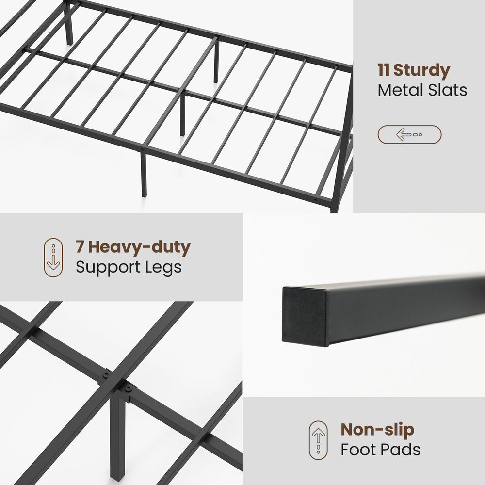 Twin size metal canopy bed frame with 11 sturdy slats, 7 heavy-duty support legs, and non-slip foot pads for stability.