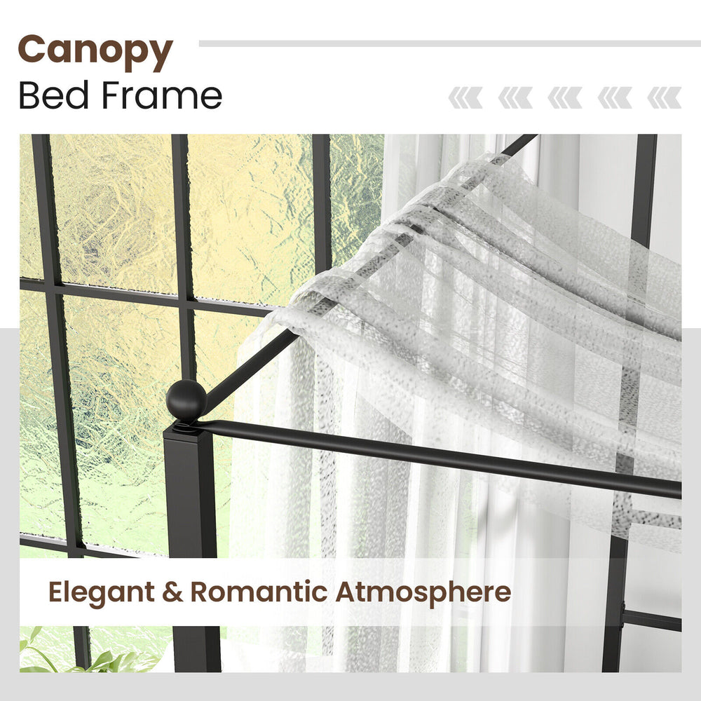 Twin size metal canopy bed frame with slat support, featuring an elegant design and sturdy construction for lasting use.