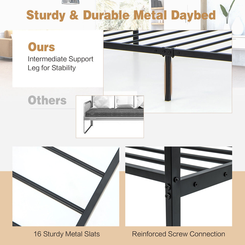 Twin size metal daybed frame with sturdy slats and support legs, ideal for living room or bedroom use.
