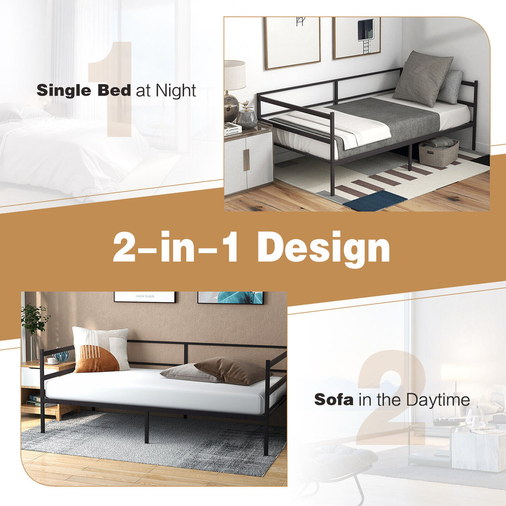 Twin size metal daybed frame shown as a bed at night and a sofa during the day, ideal for living room or bedroom use.