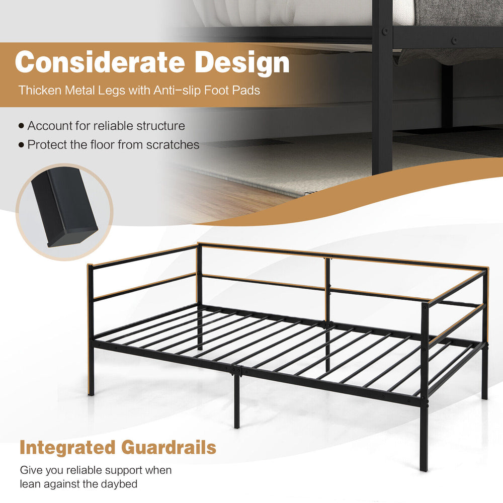 Twin size metal daybed frame with integrated guardrails and non-slip foot pads, perfect for living room or bedroom use.