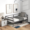 Twin size metal daybed frame in modern style, featuring sturdy slats and support legs, perfect for living room or.