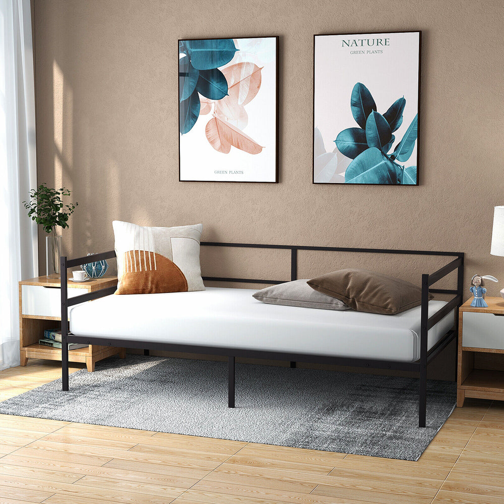Twin size metal daybed frame in modern style, featuring sturdy slats and non-slip foot pads for living room or bedroom.