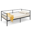 Twin size metal daybed frame in black with mattress, ideal for living room or bedroom, featuring sturdy support legs.