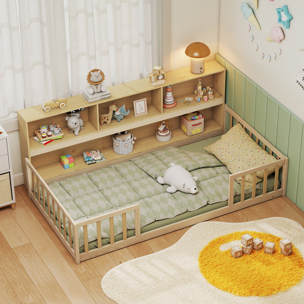 Twin Size Montessori Floor Bed with Bookcase-Natural - Gallery View 1 of 10