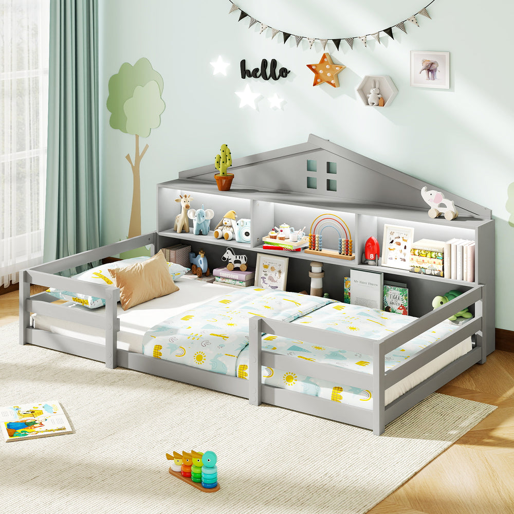 Twin size gray Montessori floor bed with storage compartments and shelf, designed for children's play and sleep.