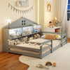 Twin size Montessori floor bed in gray with storage, house shape design, and built-in LED lights for kids' play and.