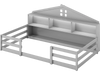 Twin size Montessori floor bed in gray with storage compartments and shelf, designed for children's comfort and play.