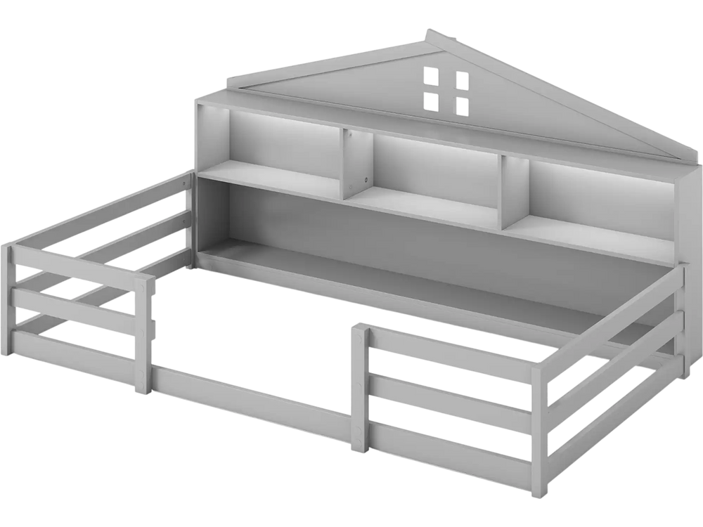Twin size Montessori floor bed in gray with storage compartments and shelf, designed for children's comfort and play.