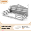 Twin size Montessori floor bed in gray with storage compartments and shelf, ideal for children's sleep and play.