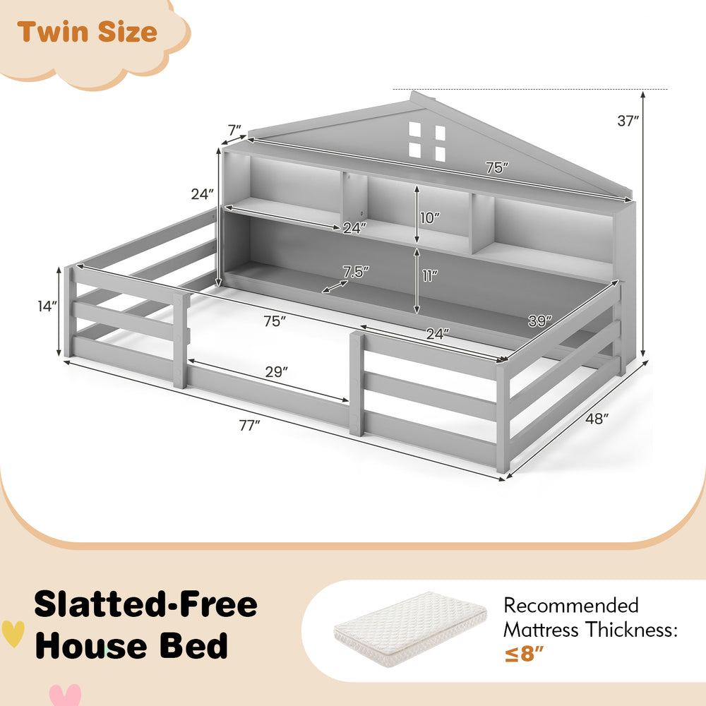 Twin size Montessori floor bed in gray with storage compartments and shelf, ideal for children's sleep and play.