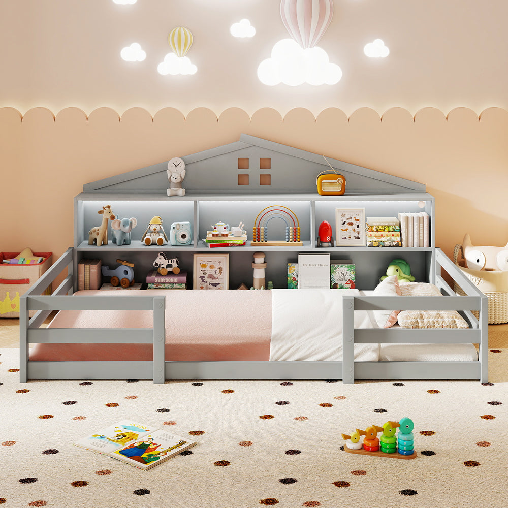 Twin size Montessori floor bed in gray with storage compartments and shelf, designed for children's play and sleep.
