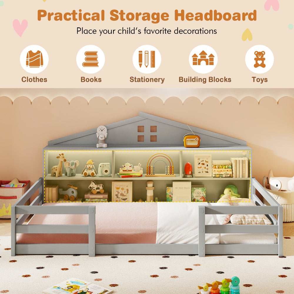 Twin size Montessori floor bed in gray with practical storage headboard, ideal for organizing children's books and toys.