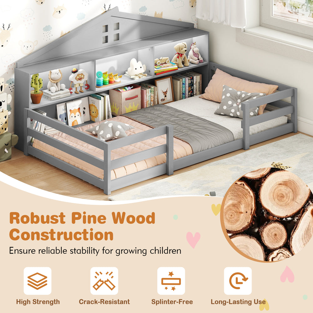 Twin size Montessori floor bed in gray featuring robust pine wood construction and practical storage for children's.