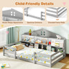 Twin size Montessori floor bed in gray with house shape design, storage compartments, and elevated fence rails for.
