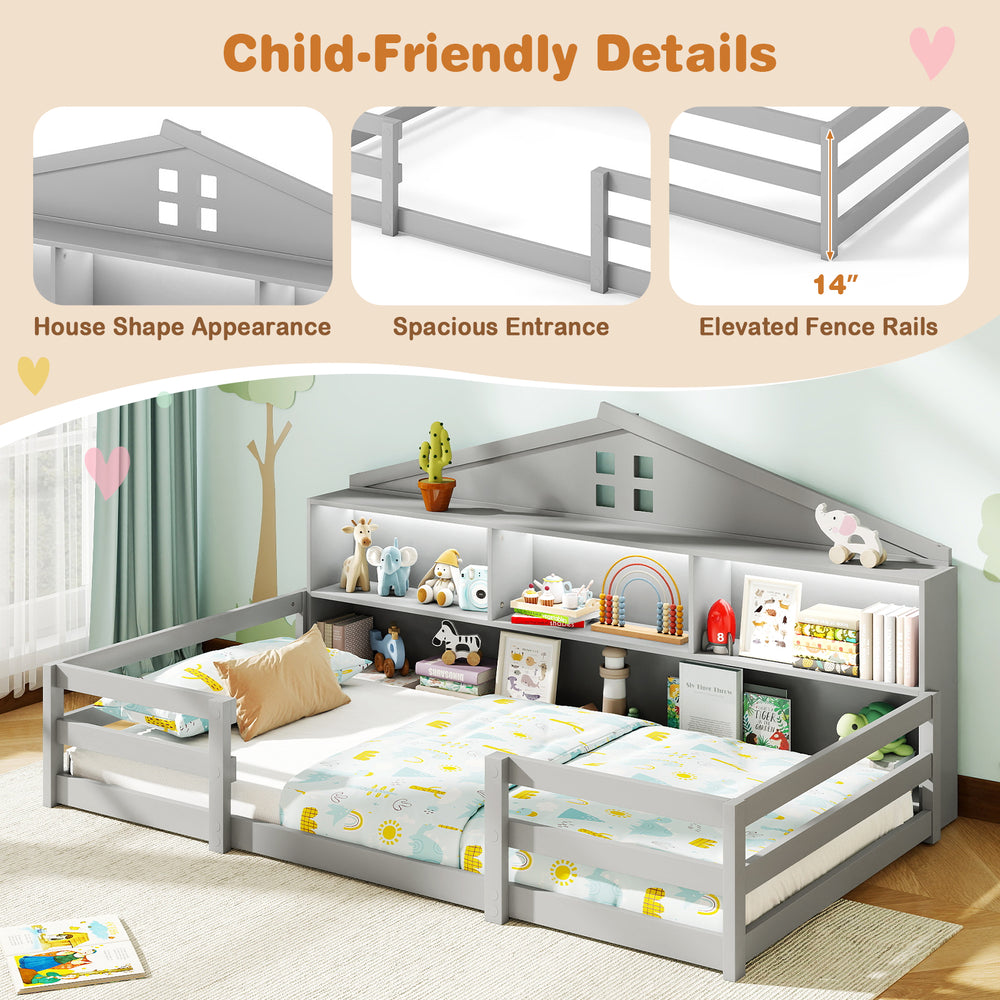Twin size Montessori floor bed in gray with house shape design, storage compartments, and elevated fence rails for.