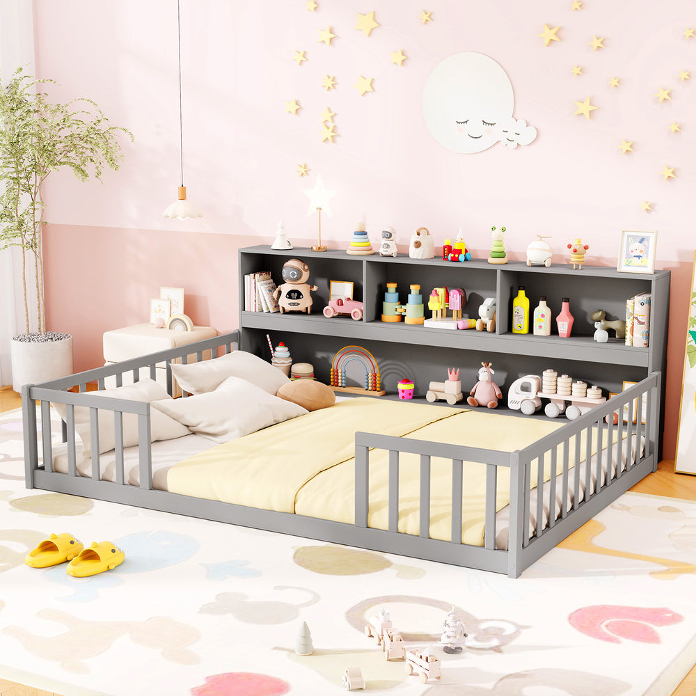 Twin Size Montessori Floor Bed with Bookcase-Gray - Gallery View 1 of 11
