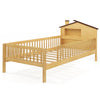 Twin size kids Montessori bed with house-shaped headboard and built-in storage shelf in natural pine wood for playful.