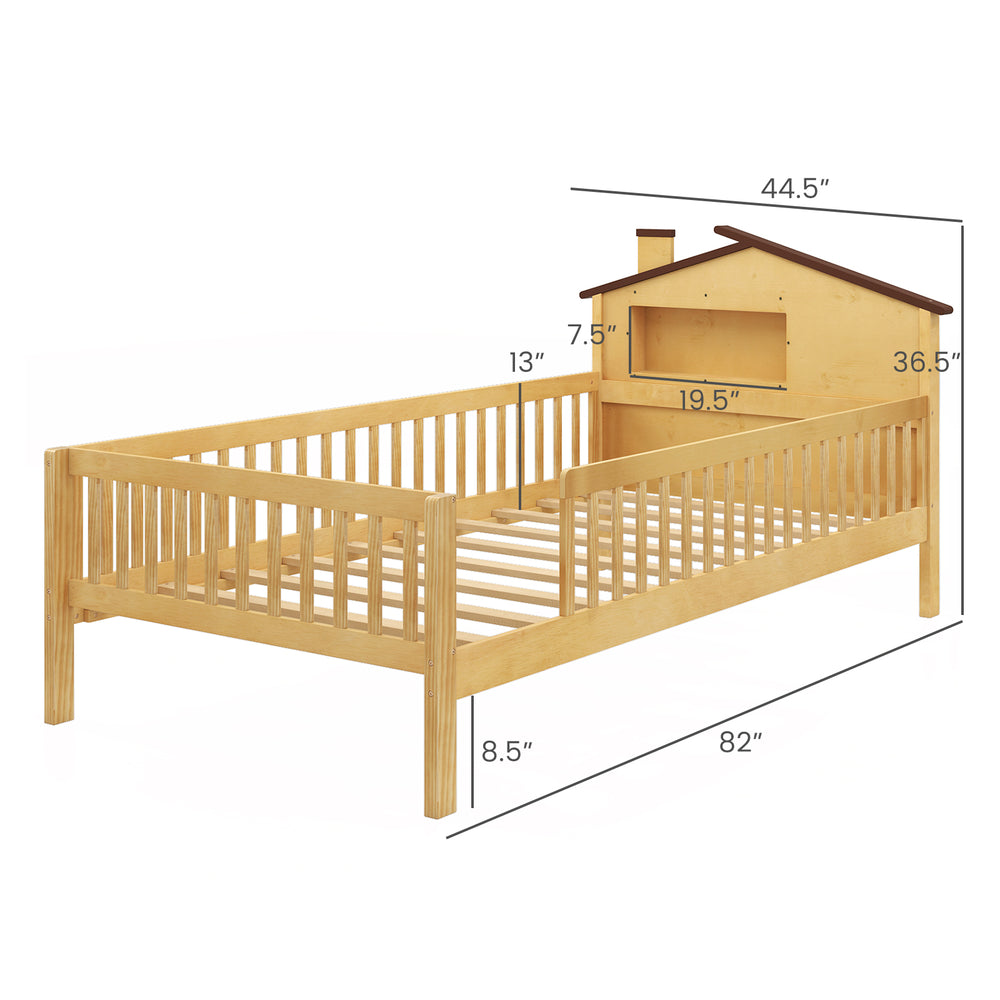 Twin size kids Montessori bed with house-shaped headboard, solid pine wood frame, and built-in storage shelf for fun.