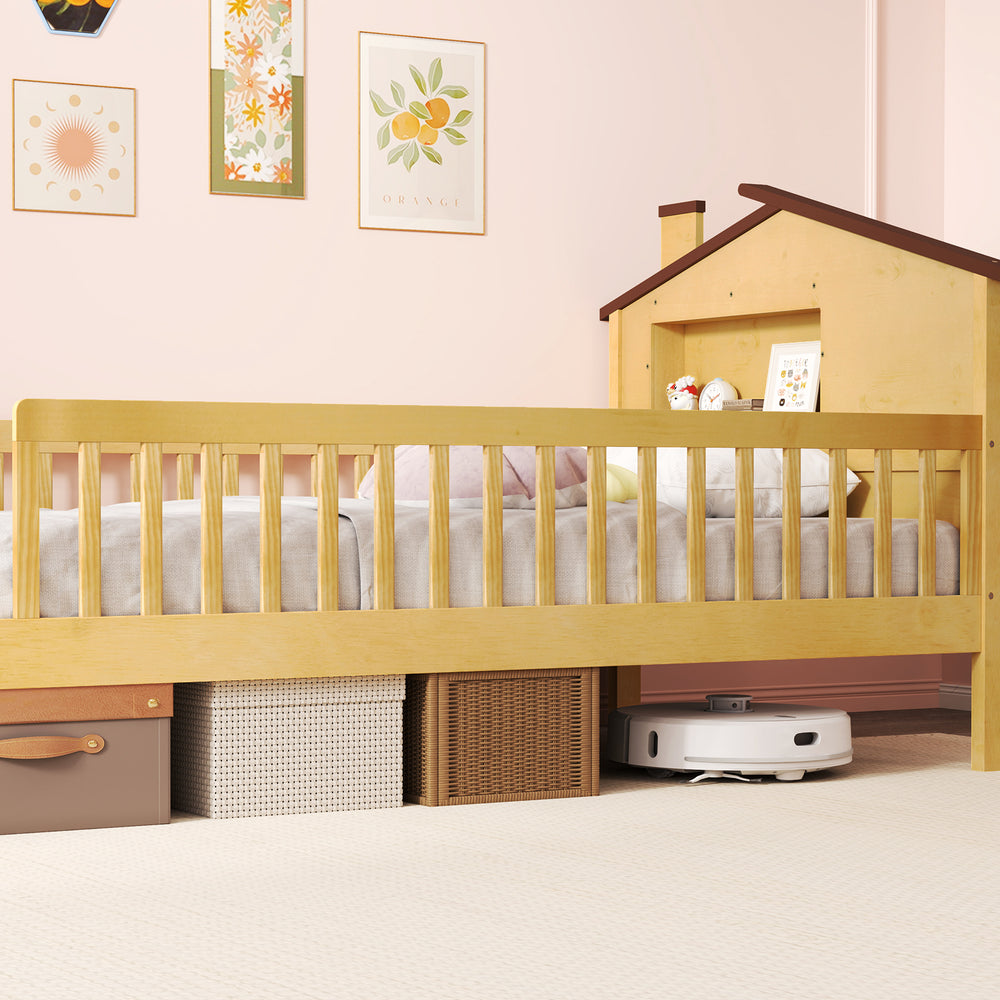 Twin size kids Montessori bed with house-shaped headboard and built-in storage shelf in natural wood finish.