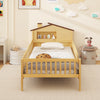 Twin size kids Montessori bed with open gate design for easy access and charming house-shaped headboard in natural wood.