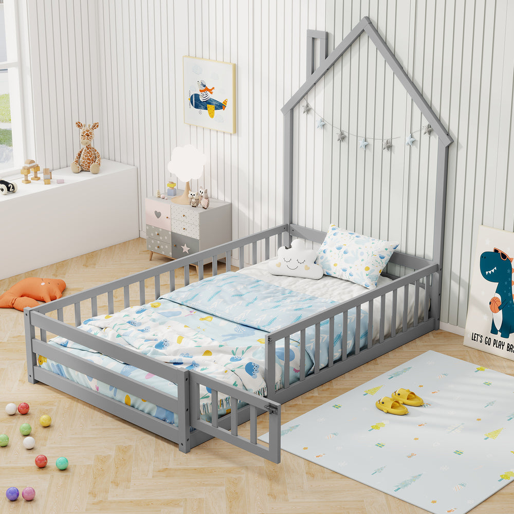 Twin Size Montessori Floor Bed with Lockable Door and Full-Length Guardrail-Gray - Gallery View 1 of 10