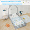 Twin size Montessori floor bed in gray with house shape, full-length guardrail, and lockable door for safe sleeping.