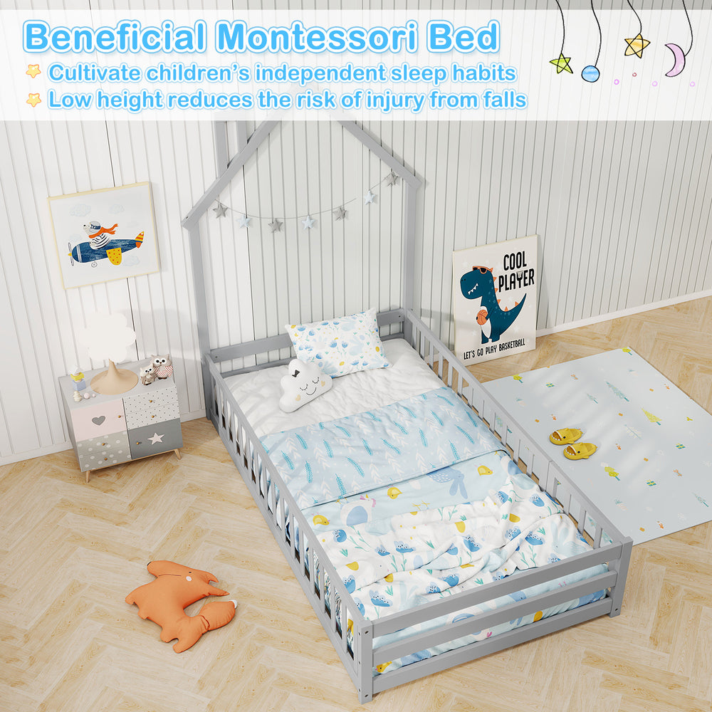 Twin size Montessori floor bed in gray with house shape, full-length guardrail, and lockable door for safe sleeping.