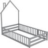 Twin size Montessori floor bed in gray with house shape, full-length guardrails, and lockable door for children's.