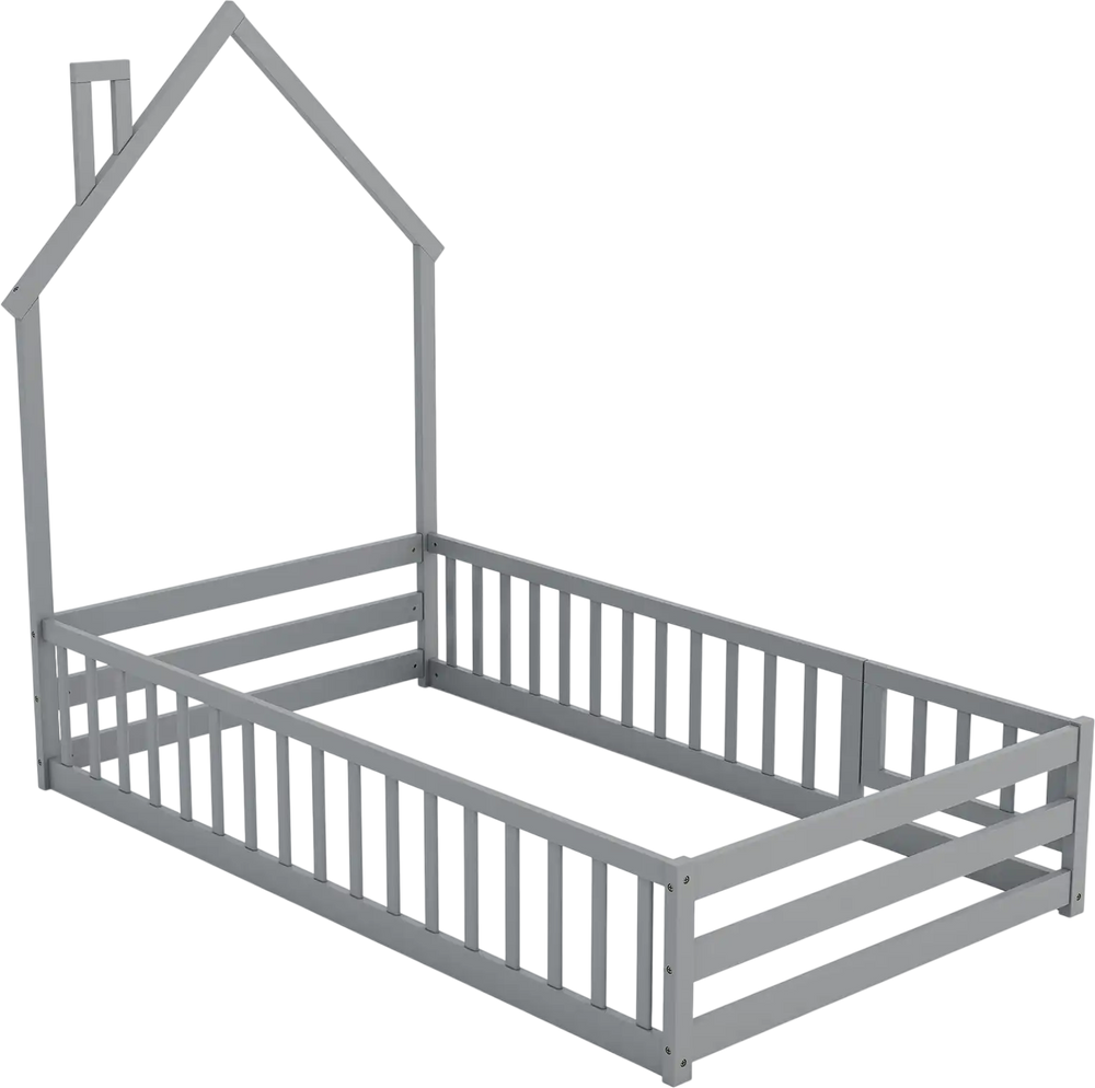 Twin size Montessori floor bed in gray with house shape, full-length guardrails, and lockable door for children's.